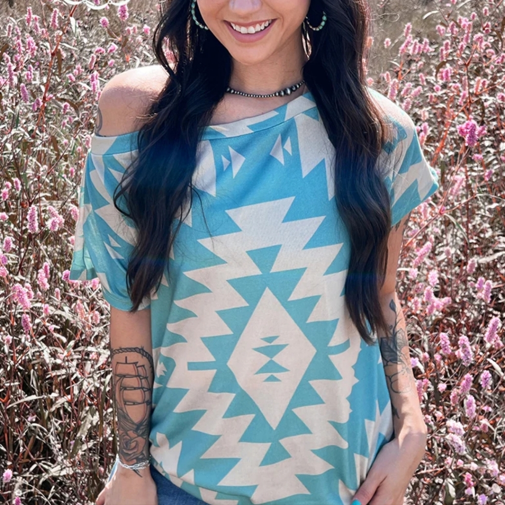 014 STERLING KREEK COWGIRL NO SECOND THOUGHTS TURQUOISE AZTEC SOUTHWEST BLOUSE